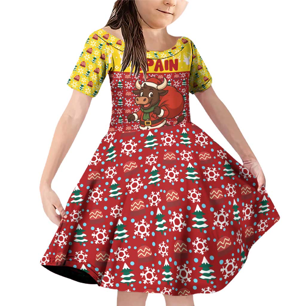 Spain Christmas Family Matching Off Shoulder Short Dress and Hawaiian Shirt with Santa Bull Brick Chimney Wreath and Festive Holiday - Wonder Print Shop