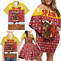 Spain Christmas Family Matching Off Shoulder Short Dress and Hawaiian Shirt with Santa Bull Brick Chimney Wreath and Festive Holiday - Wonder Print Shop