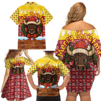 Spain Christmas Family Matching Off Shoulder Short Dress and Hawaiian Shirt with Santa Bull Brick Chimney Wreath and Festive Holiday - Wonder Print Shop