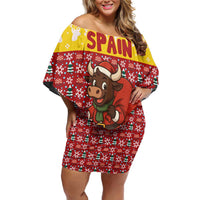 Spain Christmas Family Matching Off Shoulder Short Dress and Hawaiian Shirt with Santa Bull Brick Chimney Wreath and Festive Holiday - Wonder Print Shop