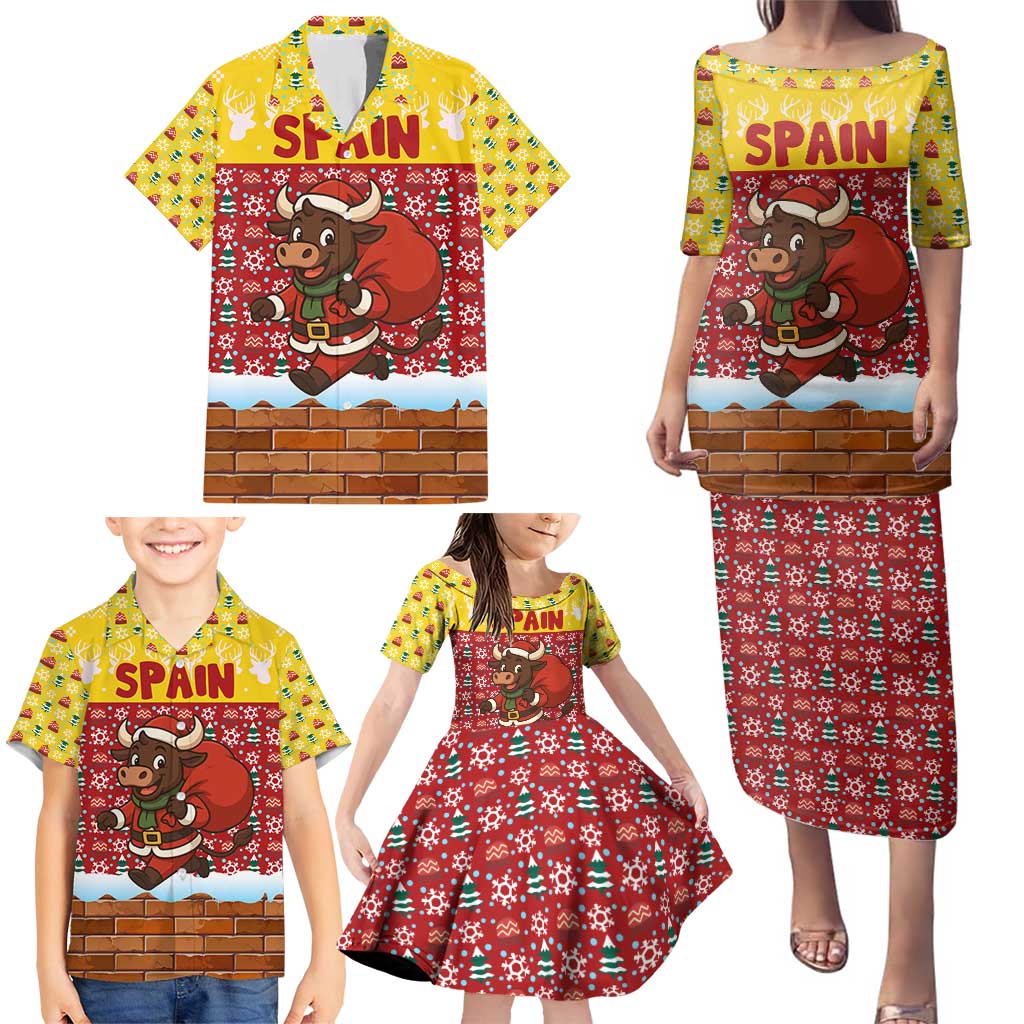 Spain Christmas Family Matching Puletasi and Hawaiian Shirt with Santa Bull Brick Chimney Wreath and Festive Holiday - Wonder Print Shop
