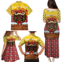 Spain Christmas Family Matching Puletasi and Hawaiian Shirt with Santa Bull Brick Chimney Wreath and Festive Holiday - Wonder Print Shop