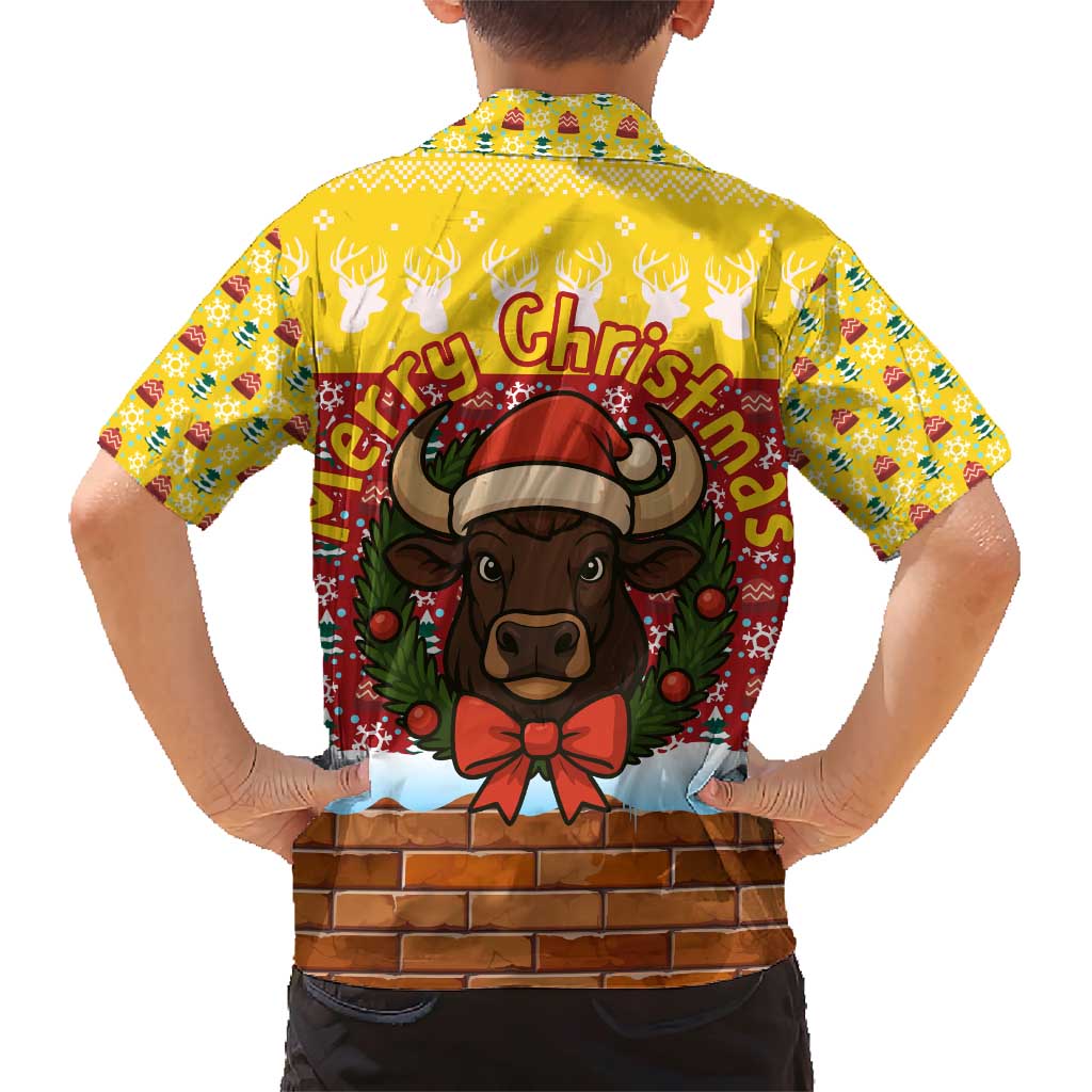 Spain Christmas Family Matching Short Sleeve Bodycon Dress and Hawaiian Shirt with Santa Bull Brick Chimney Wreath and Festive Holiday - Wonder Print Shop