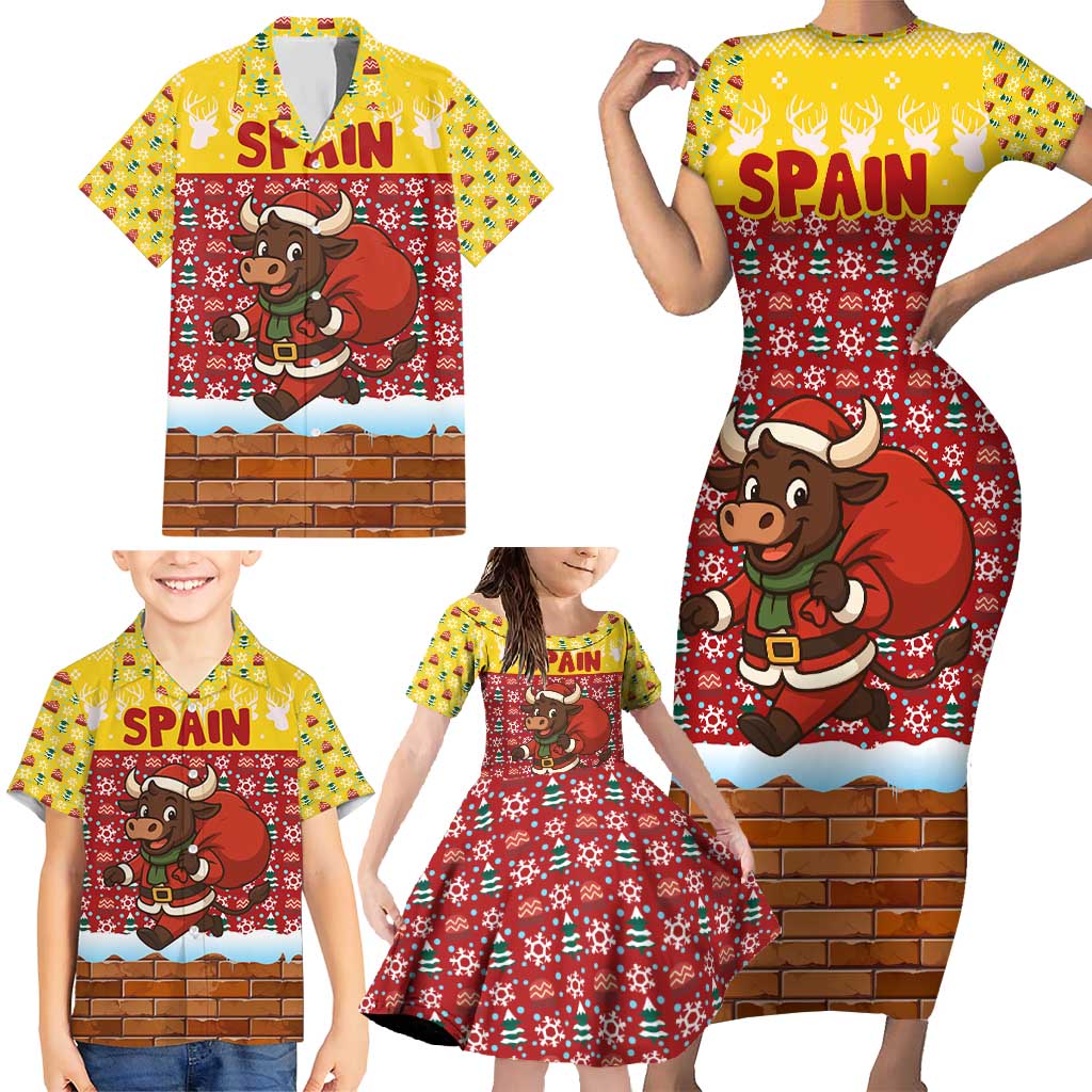 Spain Christmas Family Matching Short Sleeve Bodycon Dress and Hawaiian Shirt with Santa Bull Brick Chimney Wreath and Festive Holiday - Wonder Print Shop