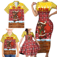 Spain Christmas Family Matching Short Sleeve Bodycon Dress and Hawaiian Shirt with Santa Bull Brick Chimney Wreath and Festive Holiday - Wonder Print Shop