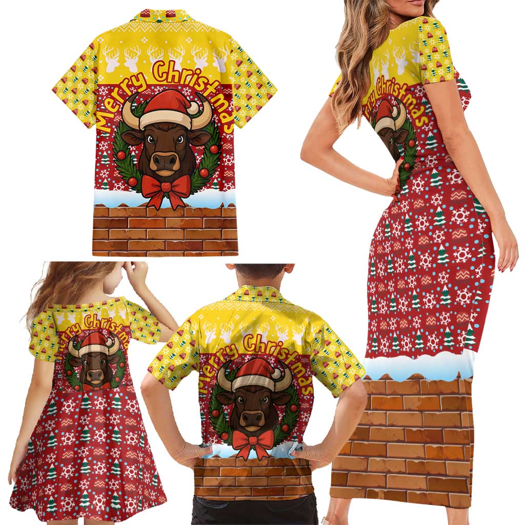 Spain Christmas Family Matching Short Sleeve Bodycon Dress and Hawaiian Shirt with Santa Bull Brick Chimney Wreath and Festive Holiday - Wonder Print Shop