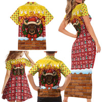 Spain Christmas Family Matching Short Sleeve Bodycon Dress and Hawaiian Shirt with Santa Bull Brick Chimney Wreath and Festive Holiday - Wonder Print Shop