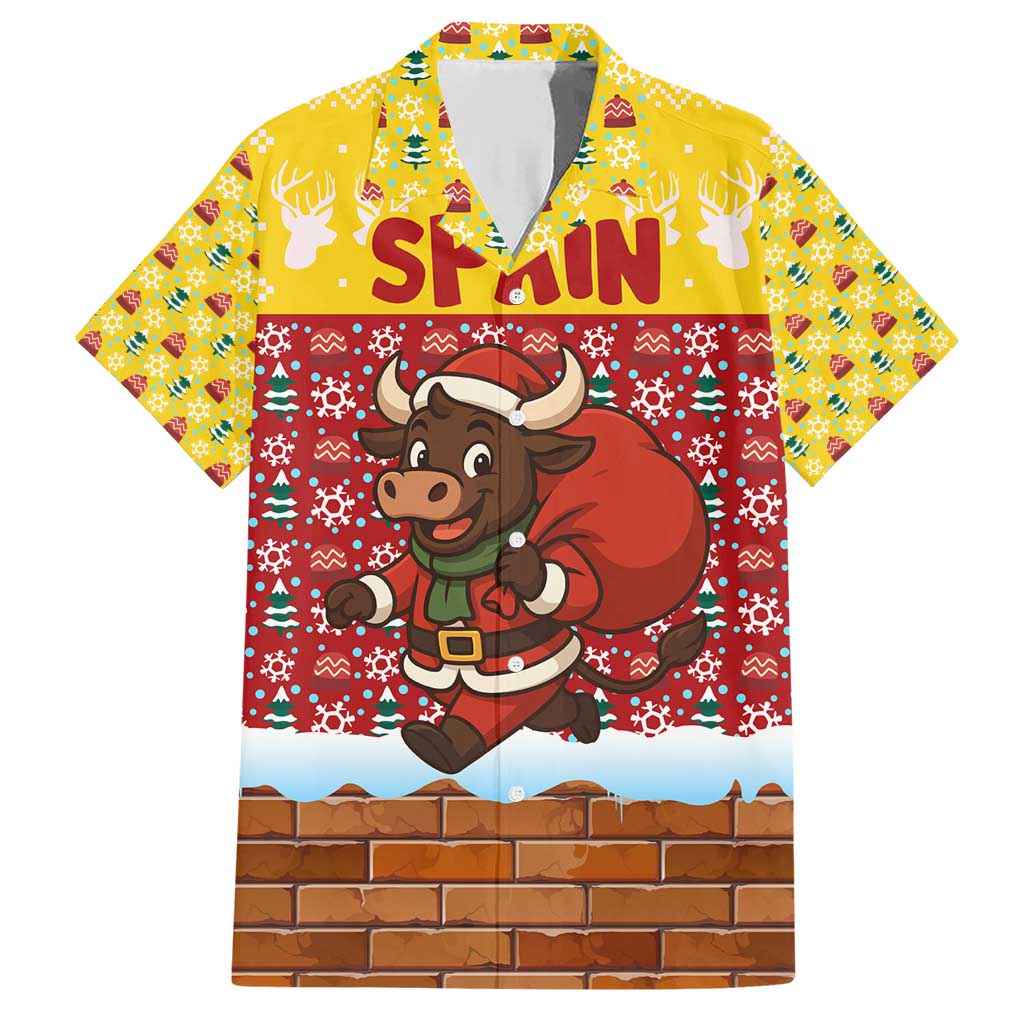 Spain Christmas Family Matching Short Sleeve Bodycon Dress and Hawaiian Shirt with Santa Bull Brick Chimney Wreath and Festive Holiday - Wonder Print Shop