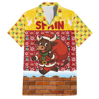 Spain Christmas Family Matching Short Sleeve Bodycon Dress and Hawaiian Shirt with Santa Bull Brick Chimney Wreath and Festive Holiday - Wonder Print Shop