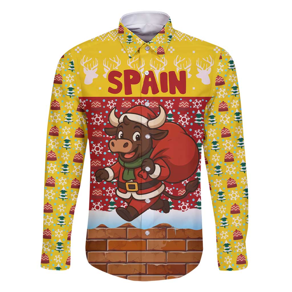 Spain Christmas Family Matching Short Sleeve Bodycon Dress and Hawaiian Shirt with Santa Bull Brick Chimney Wreath and Festive Holiday - Wonder Print Shop