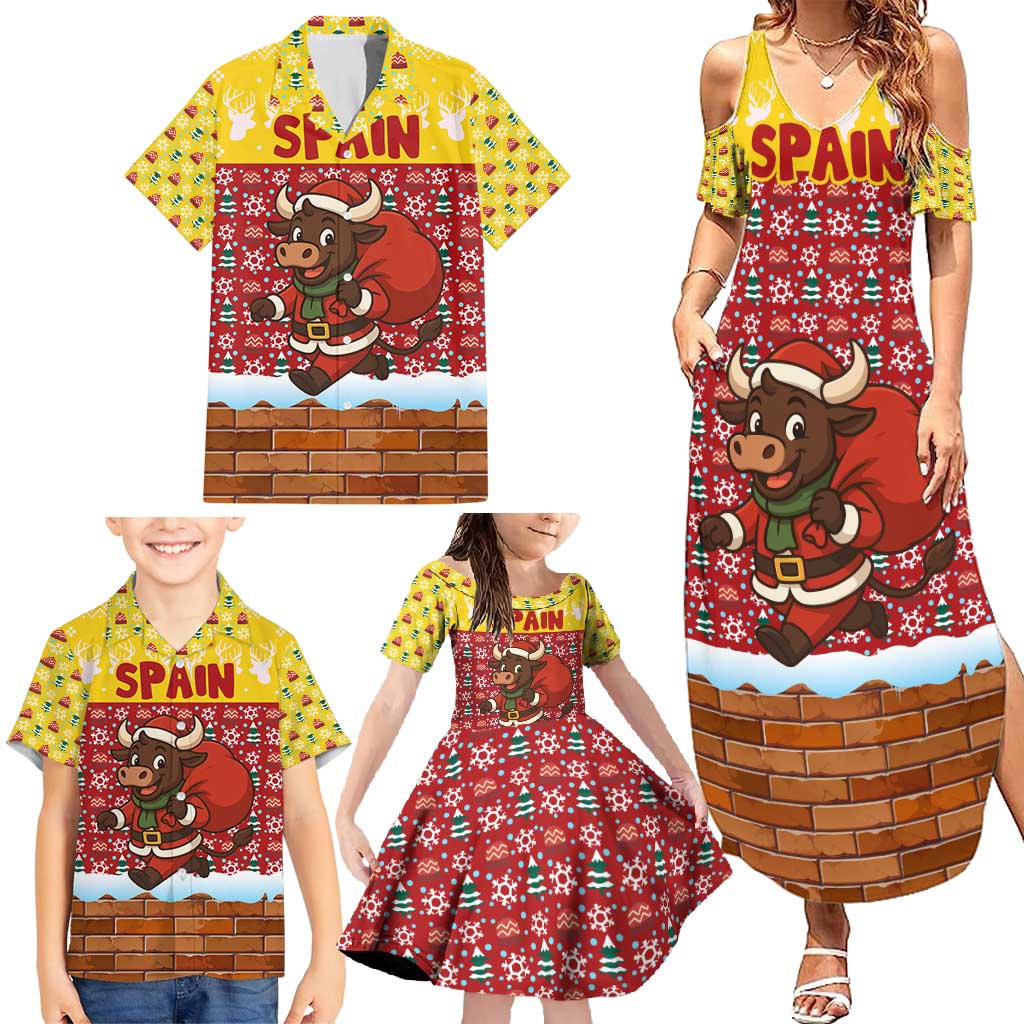 Spain Christmas Family Matching Summer Maxi Dress and Hawaiian Shirt with Santa Bull Brick Chimney Wreath and Festive Holiday - Wonder Print Shop