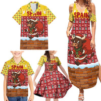Spain Christmas Family Matching Summer Maxi Dress and Hawaiian Shirt with Santa Bull Brick Chimney Wreath and Festive Holiday - Wonder Print Shop