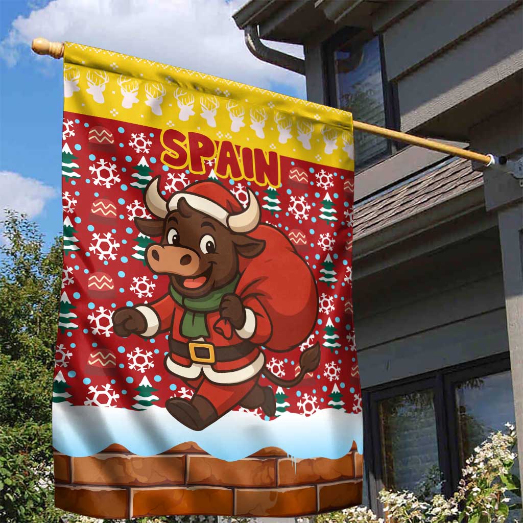 Spain Christmas Garden Flag with Santa Bull Brick Chimney Wreath and Festive Holiday - Wonder Print Shop