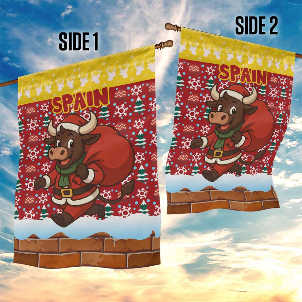 Spain Christmas Garden Flag with Santa Bull Brick Chimney Wreath and Festive Holiday - Wonder Print Shop