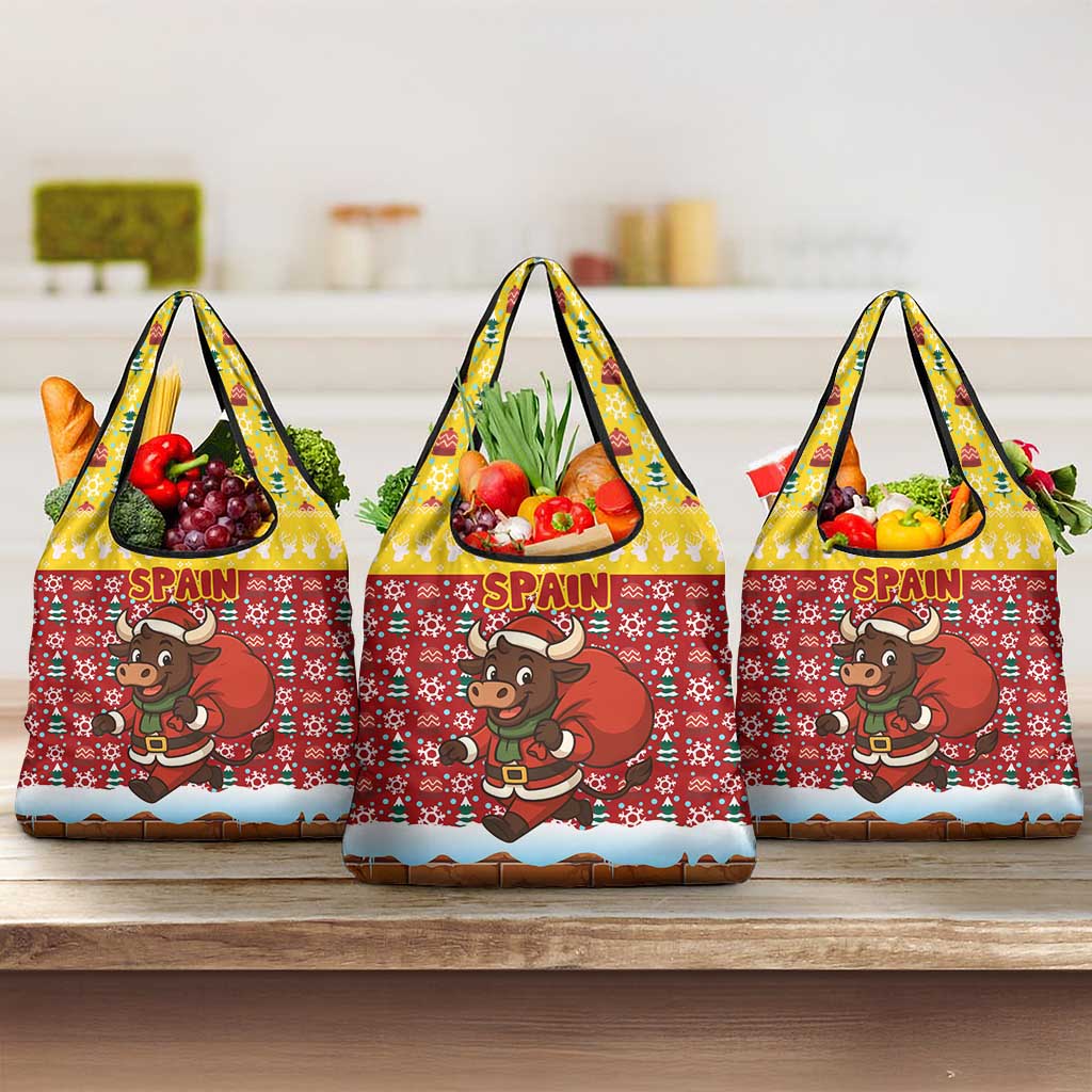 Spain Christmas Grocery Bag with Santa Bull Brick Chimney Wreath and Festive Holiday - Wonder Print Shop