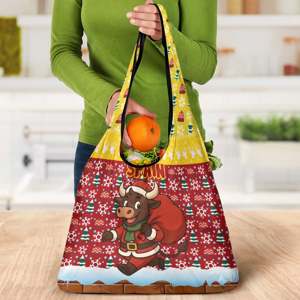 Spain Christmas Grocery Bag with Santa Bull Brick Chimney Wreath and Festive Holiday - Wonder Print Shop