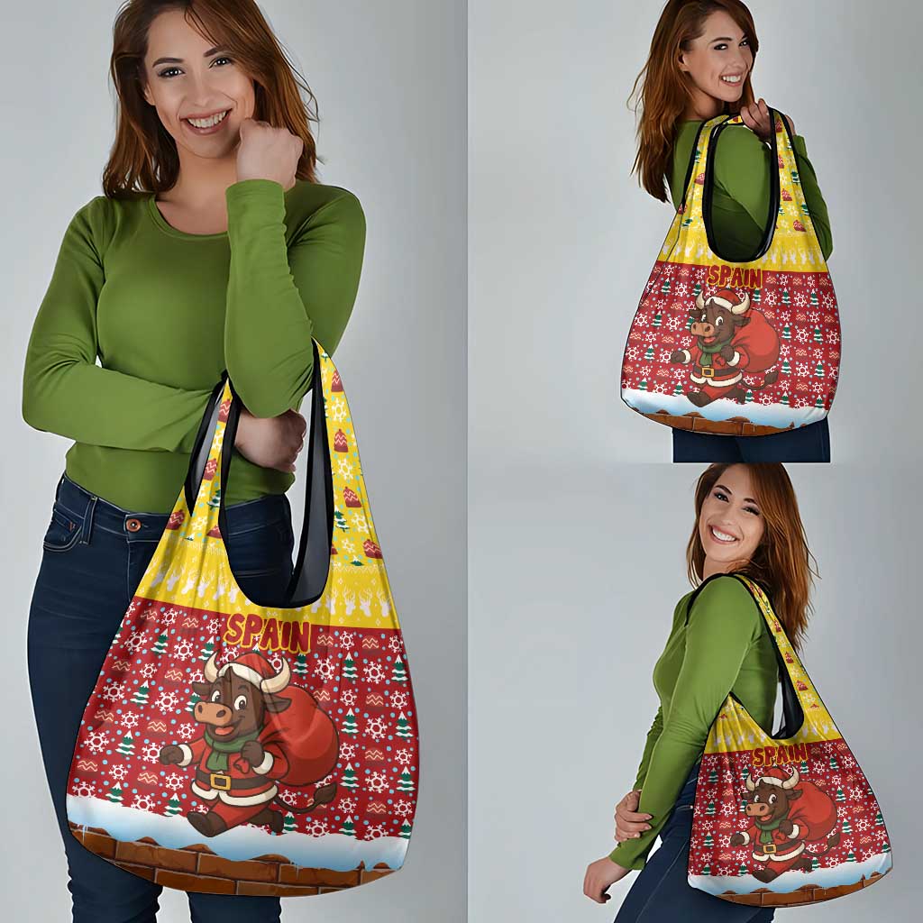 Spain Christmas Grocery Bag with Santa Bull Brick Chimney Wreath and Festive Holiday - Wonder Print Shop