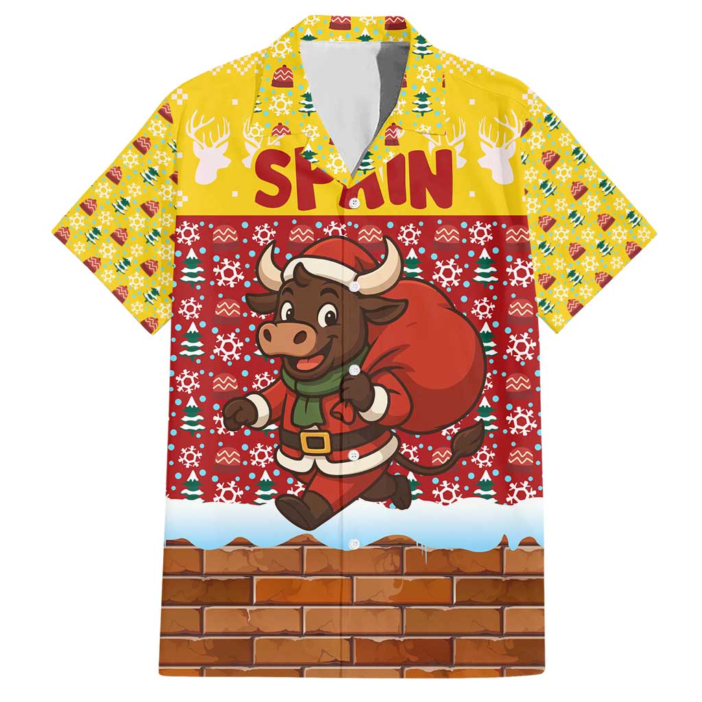 Spain Christmas Hawaiian Shirt with Santa Bull Brick Chimney Wreath and Festive Holiday - Wonder Print Shop