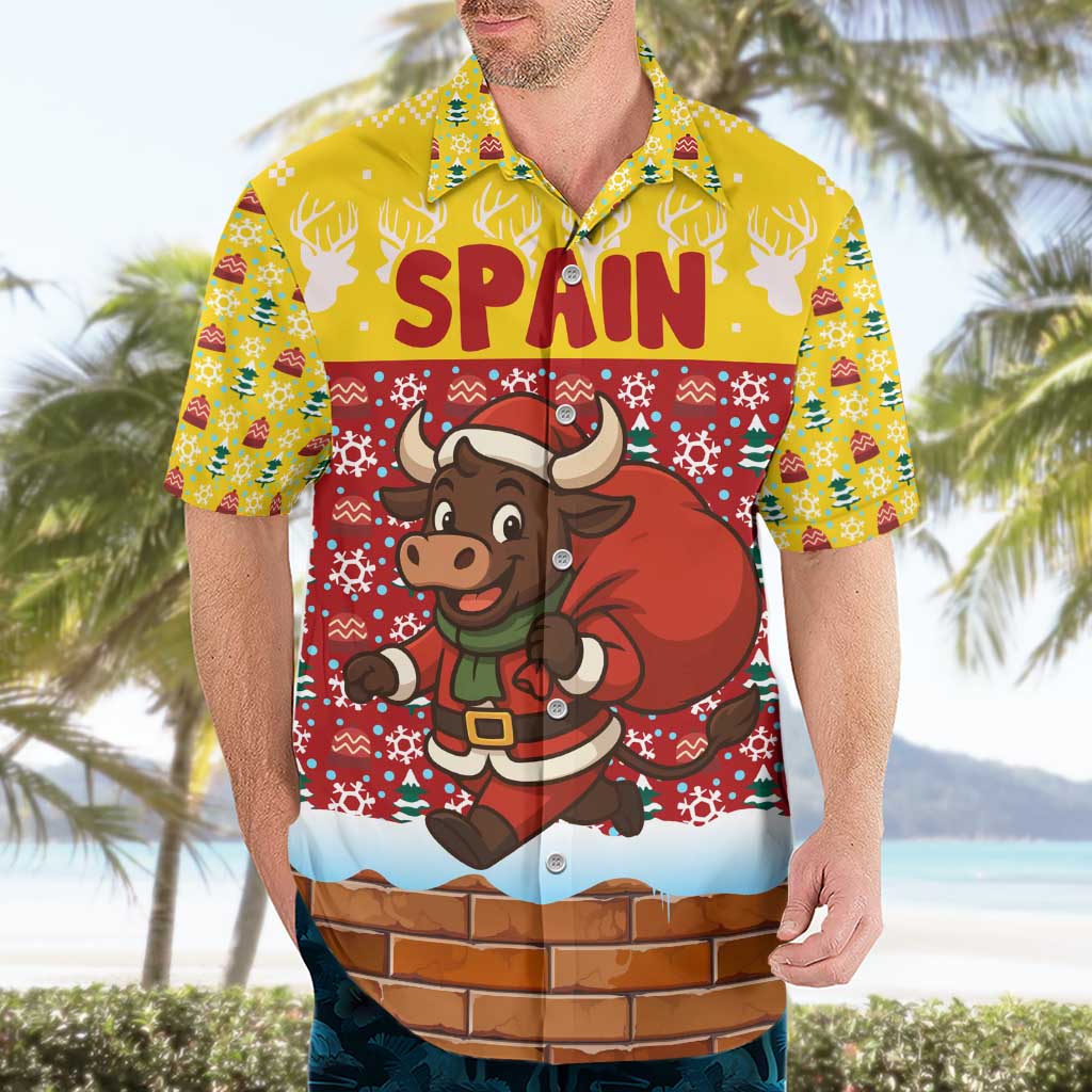 Spain Christmas Hawaiian Shirt with Santa Bull Brick Chimney Wreath and Festive Holiday - Wonder Print Shop