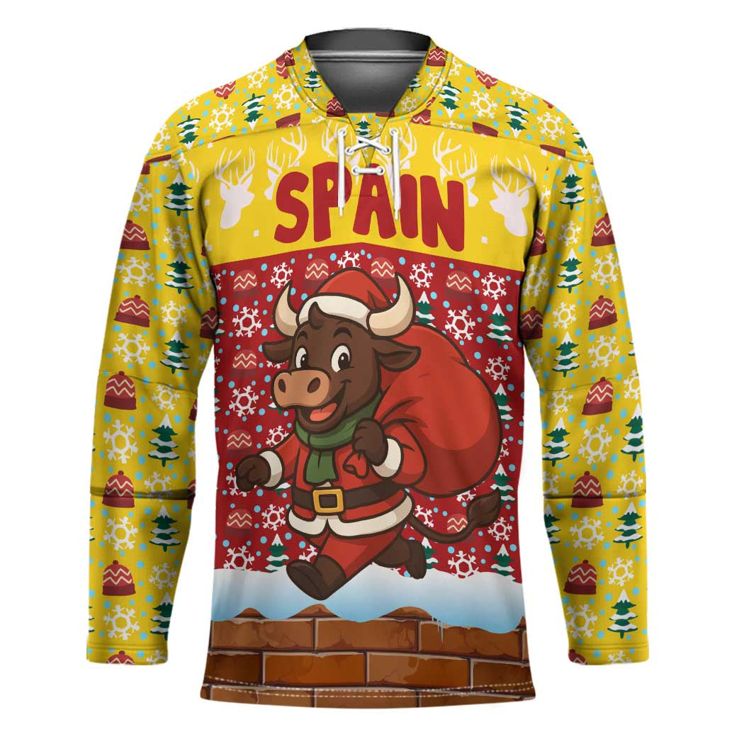 Spain Christmas Hockey Jersey with Santa Bull Brick Chimney Wreath and Festive Holiday - Wonder Print Shop
