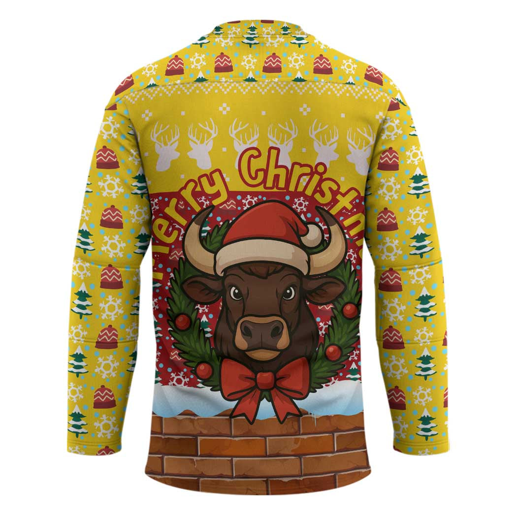 Spain Christmas Hockey Jersey with Santa Bull Brick Chimney Wreath and Festive Holiday - Wonder Print Shop