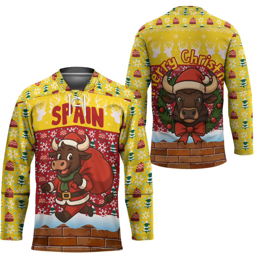 Spain Christmas Hockey Jersey with Santa Bull Brick Chimney Wreath and Festive Holiday - Wonder Print Shop