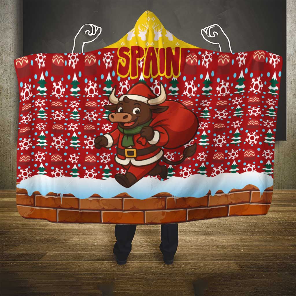 Spain Christmas Hooded Blanket with Santa Bull Brick Chimney Wreath and Festive Holiday - Wonder Print Shop