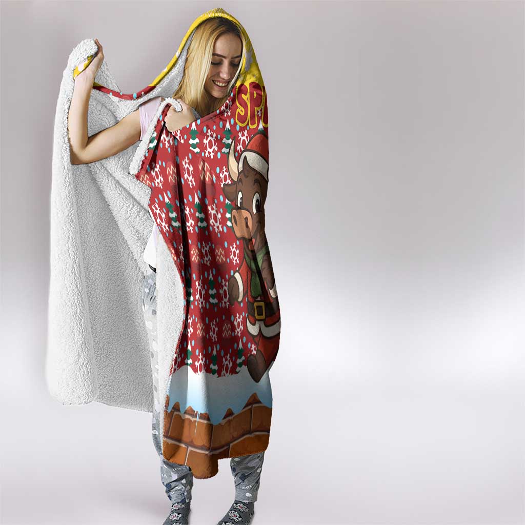 Spain Christmas Hooded Blanket with Santa Bull Brick Chimney Wreath and Festive Holiday - Wonder Print Shop