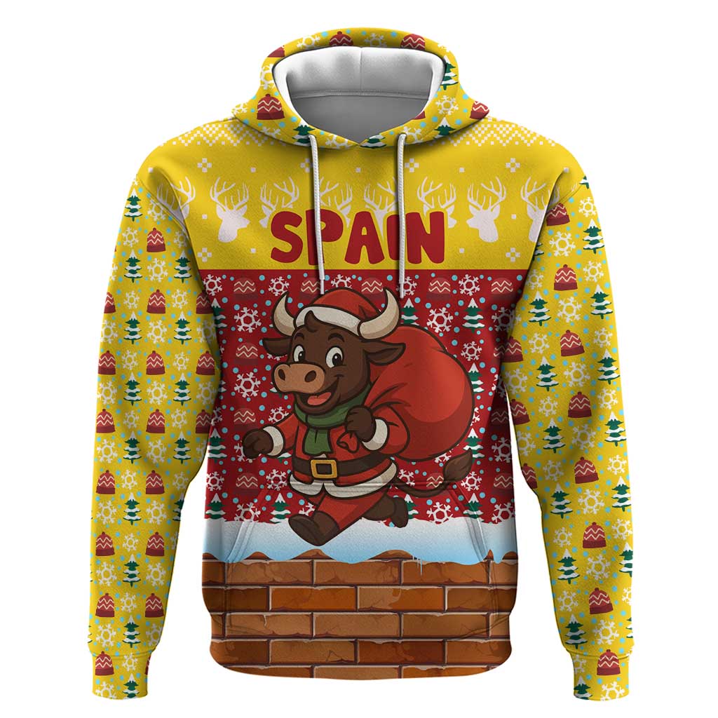 Spain Christmas Hoodie with Santa Bull Brick Chimney Wreath and Festive Holiday - Wonder Print Shop