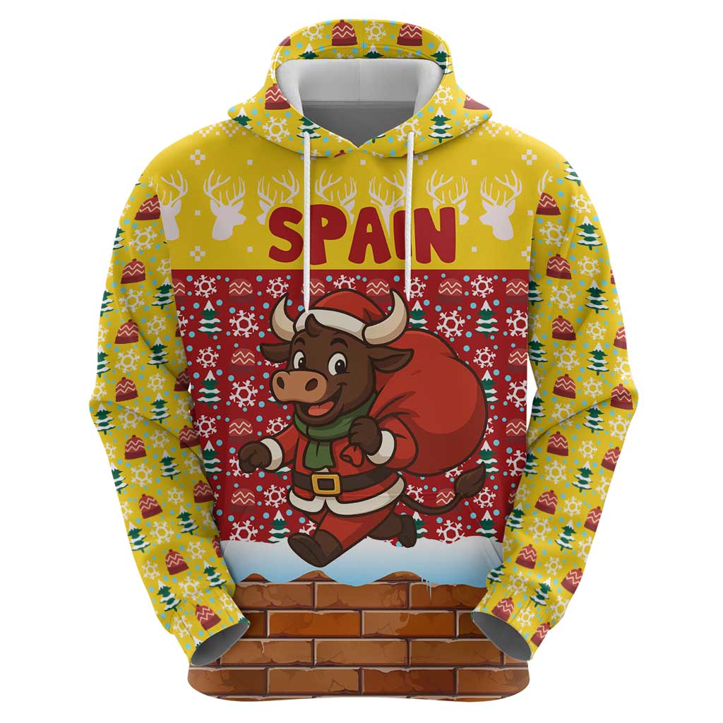 Spain Christmas Hoodie with Santa Bull Brick Chimney Wreath and Festive Holiday - Wonder Print Shop