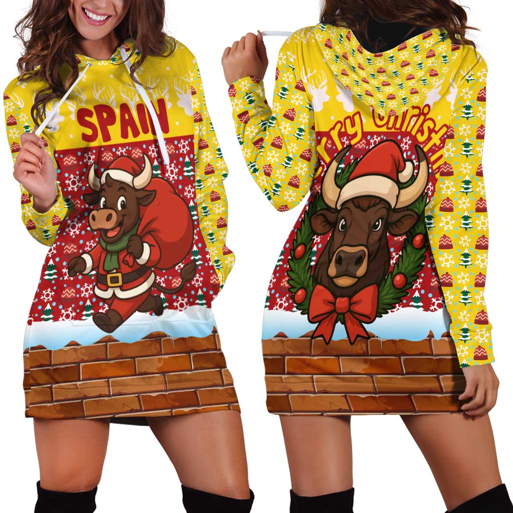 Spain Christmas Hoodie Dress with Santa Bull Brick Chimney Wreath and Festive Holiday - Wonder Print Shop