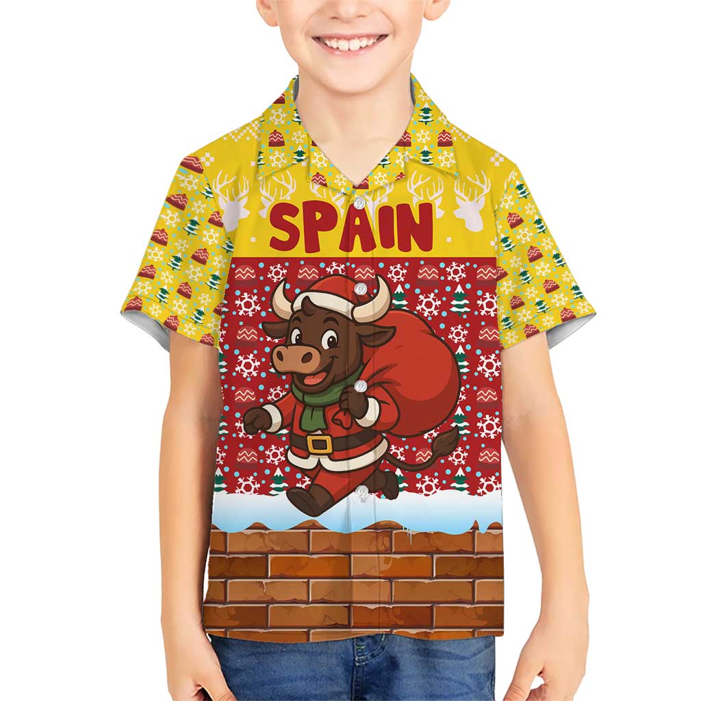 Spain Christmas Kid Hawaiian Shirt with Santa Bull Brick Chimney Wreath and Festive Holiday - Wonder Print Shop