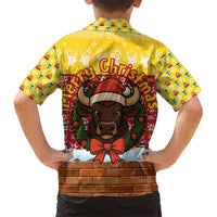 Spain Christmas Kid Hawaiian Shirt with Santa Bull Brick Chimney Wreath and Festive Holiday - Wonder Print Shop