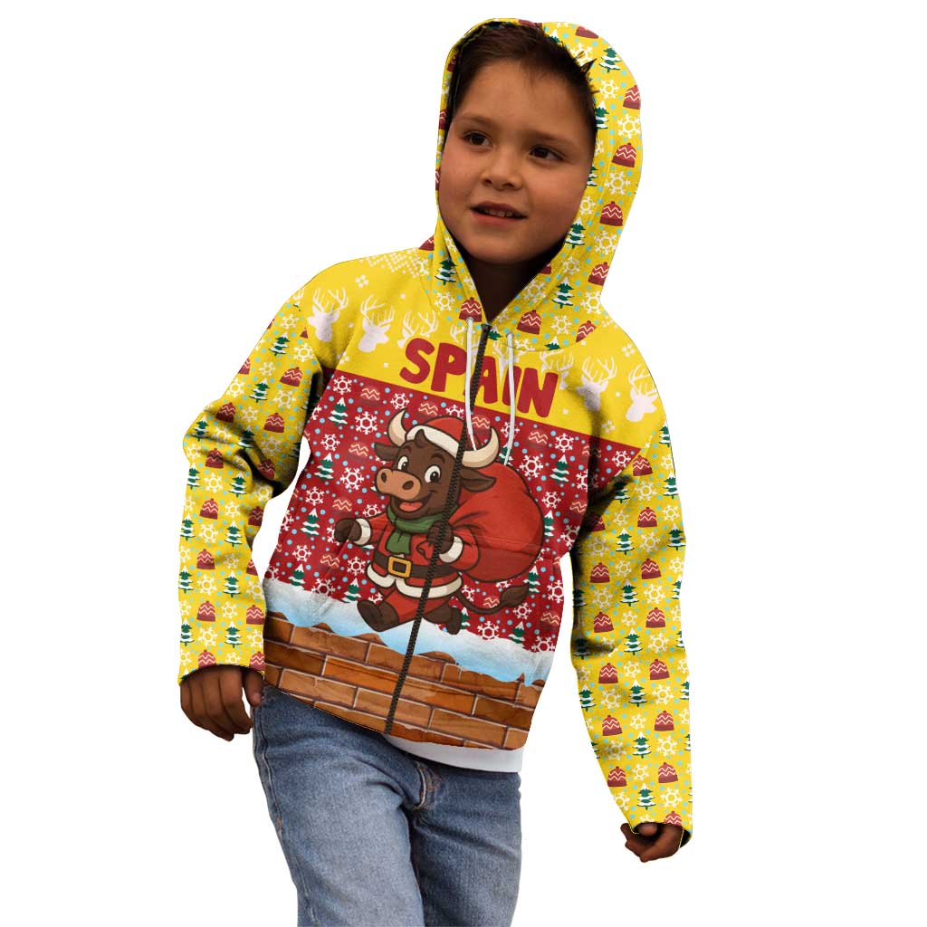 Spain Christmas Kid Hoodie with Santa Bull Brick Chimney Wreath and Festive Holiday - Wonder Print Shop