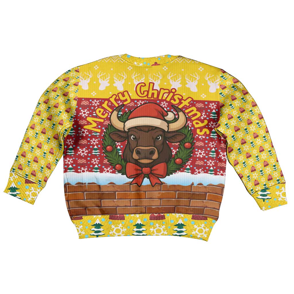 Spain Christmas Kid Ugly Christmas Sweater with Santa Bull Brick Chimney Wreath and Festive Holiday - Wonder Print Shop