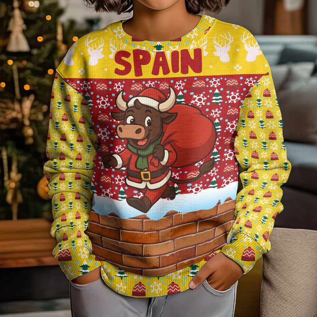 Spain Christmas Kid Ugly Christmas Sweater with Santa Bull Brick Chimney Wreath and Festive Holiday - Wonder Print Shop