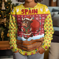 Spain Christmas Kid Ugly Christmas Sweater with Santa Bull Brick Chimney Wreath and Festive Holiday - Wonder Print Shop