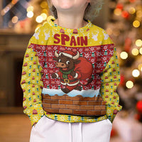Spain Christmas Kid Ugly Christmas Sweater with Santa Bull Brick Chimney Wreath and Festive Holiday - Wonder Print Shop