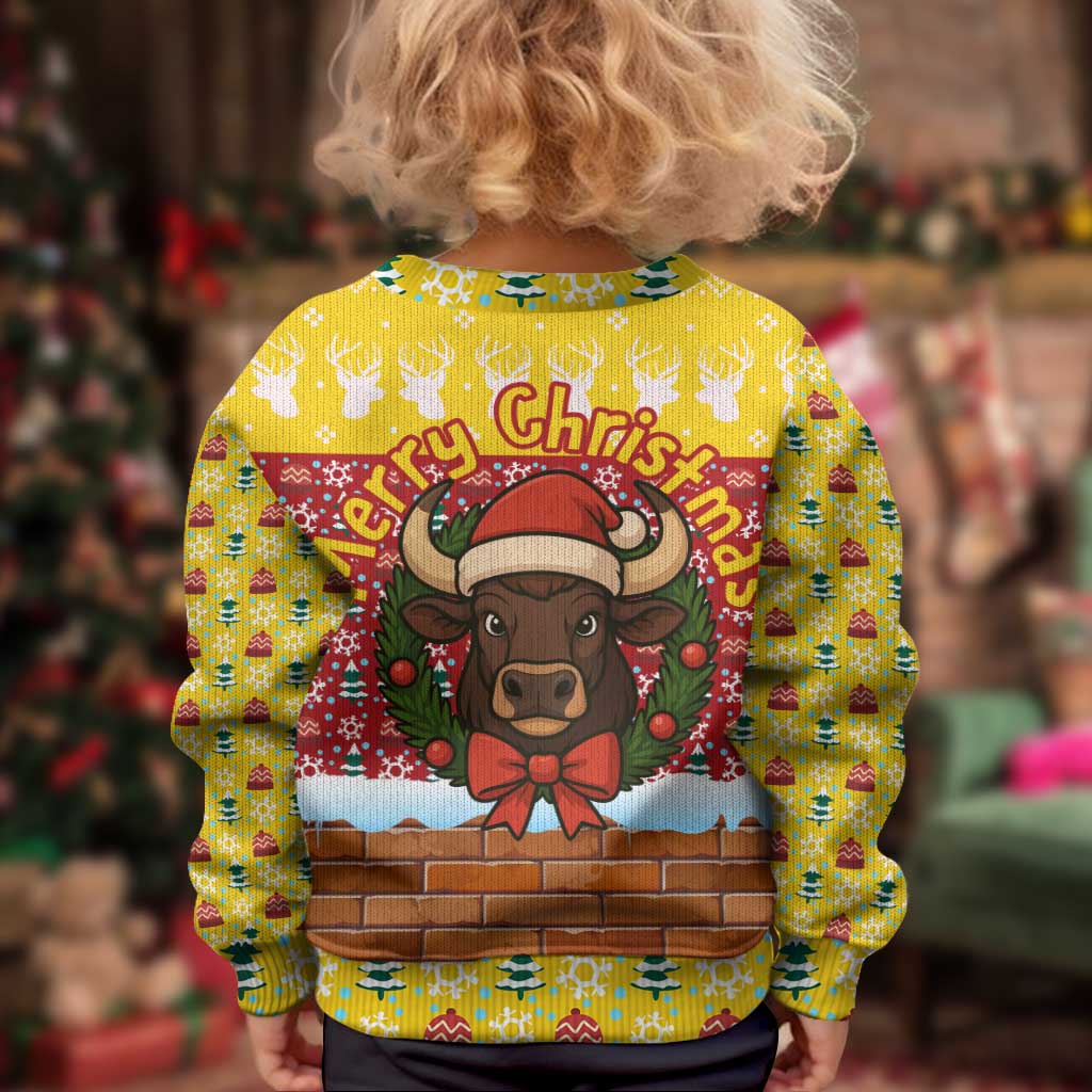 Spain Christmas Kid Ugly Christmas Sweater with Santa Bull Brick Chimney Wreath and Festive Holiday - Wonder Print Shop
