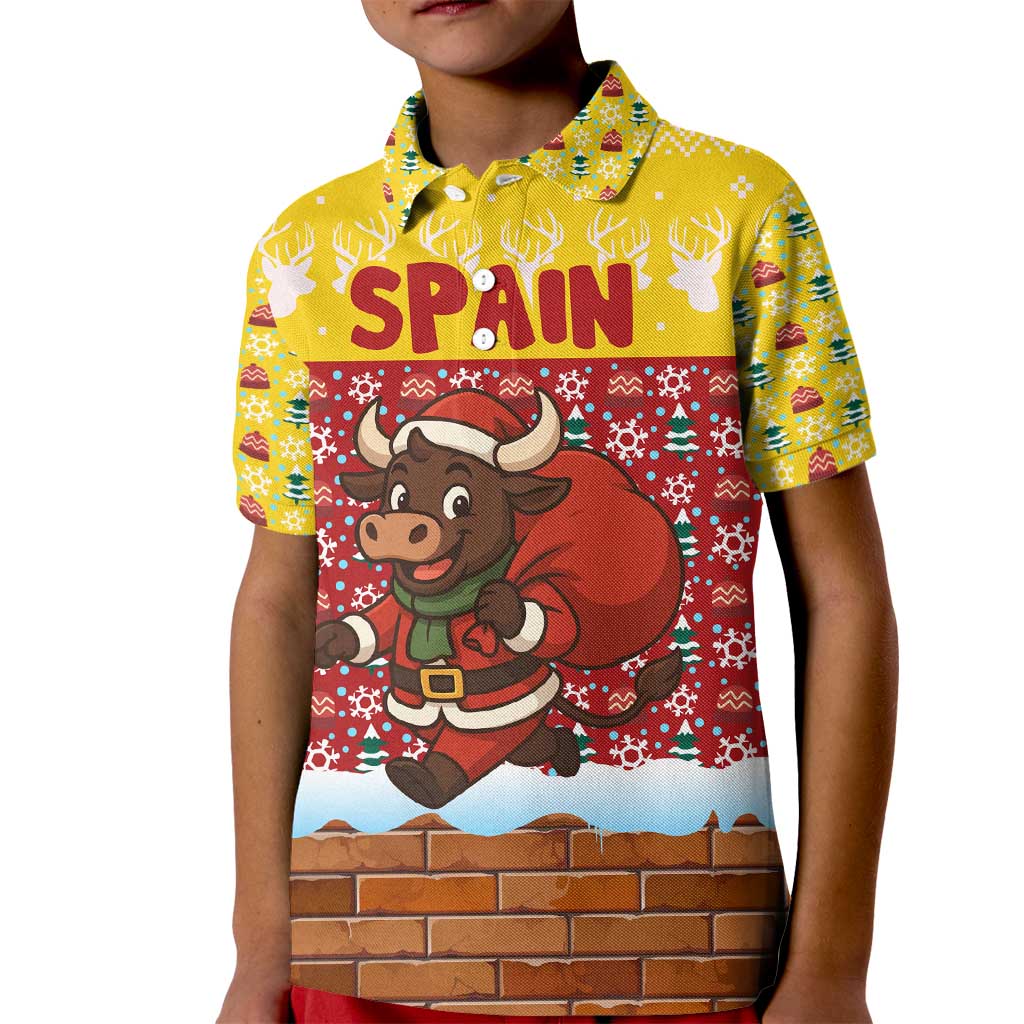 Spain Christmas Kid Polo Shirt with Santa Bull Brick Chimney Wreath and Festive Holiday - Wonder Print Shop