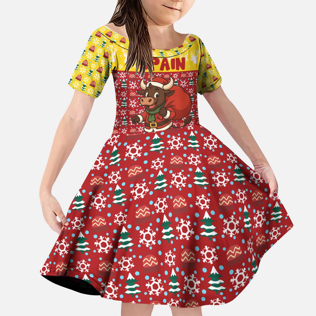 Spain Christmas Kid Short Sleeve Dress with Santa Bull Brick Chimney Wreath and Festive Holiday - Wonder Print Shop
