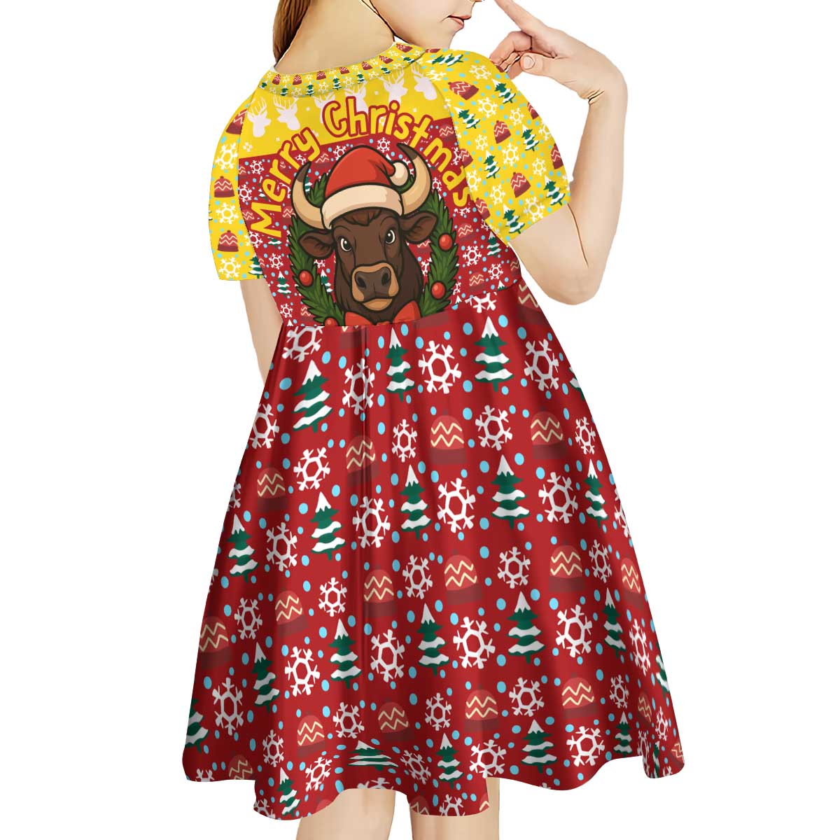 Spain Christmas Kid Short Sleeve Dress with Santa Bull Brick Chimney Wreath and Festive Holiday - Wonder Print Shop