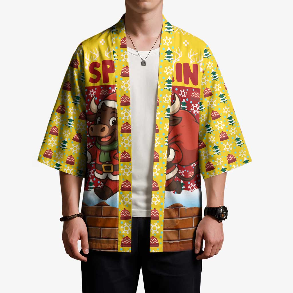 Spain Christmas Kimono with Santa Bull Brick Chimney Wreath and Festive Holiday - Wonder Print Shop