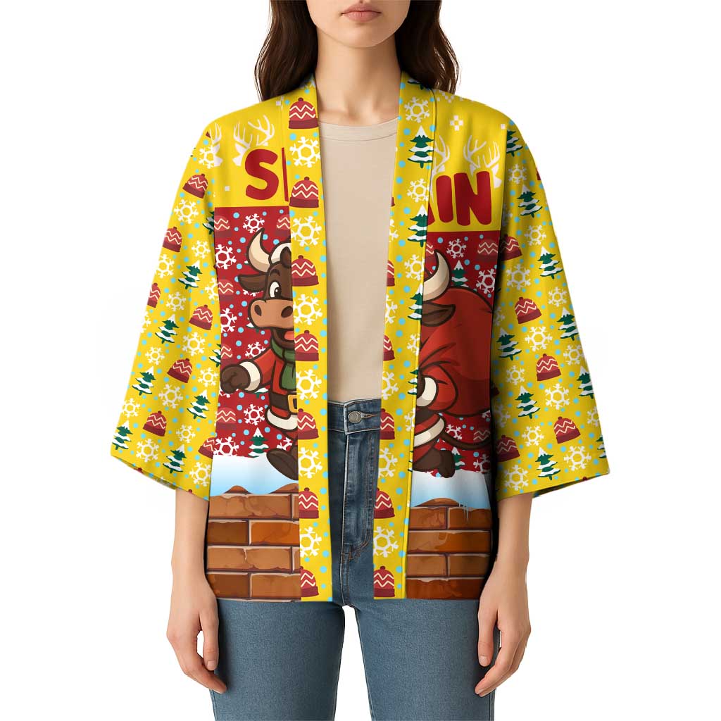 Spain Christmas Kimono with Santa Bull Brick Chimney Wreath and Festive Holiday - Wonder Print Shop