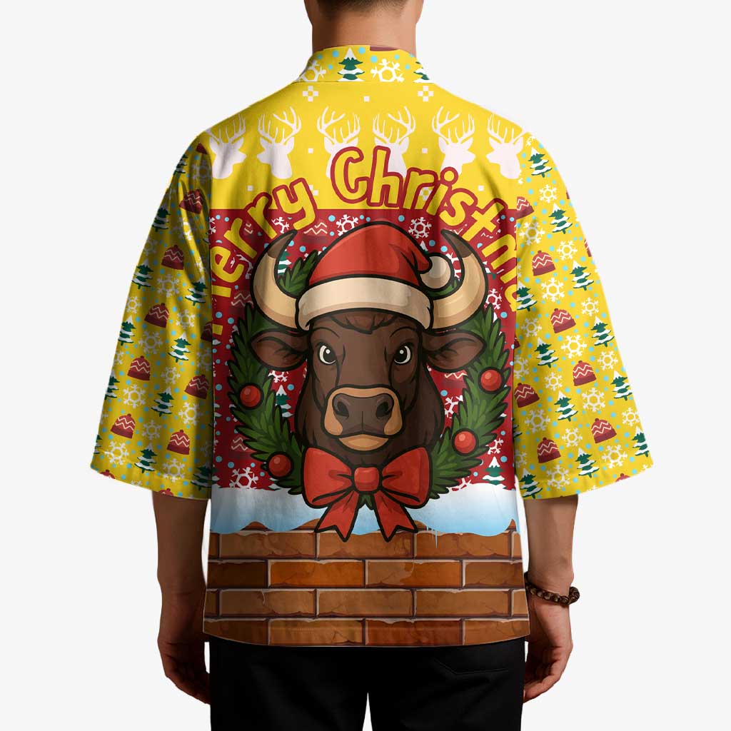 Spain Christmas Kimono with Santa Bull Brick Chimney Wreath and Festive Holiday - Wonder Print Shop