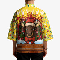 Spain Christmas Kimono with Santa Bull Brick Chimney Wreath and Festive Holiday - Wonder Print Shop
