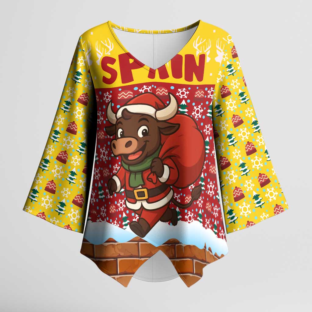 Spain Christmas Kimono Sleeve Blouse with Santa Bull Brick Chimney Wreath and Festive Holiday - Wonder Print Shop