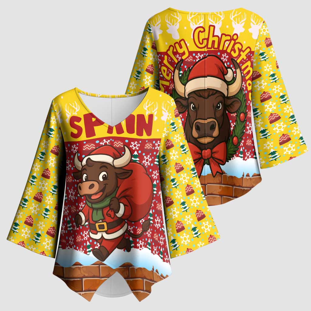 Spain Christmas Kimono Sleeve Blouse with Santa Bull Brick Chimney Wreath and Festive Holiday - Wonder Print Shop