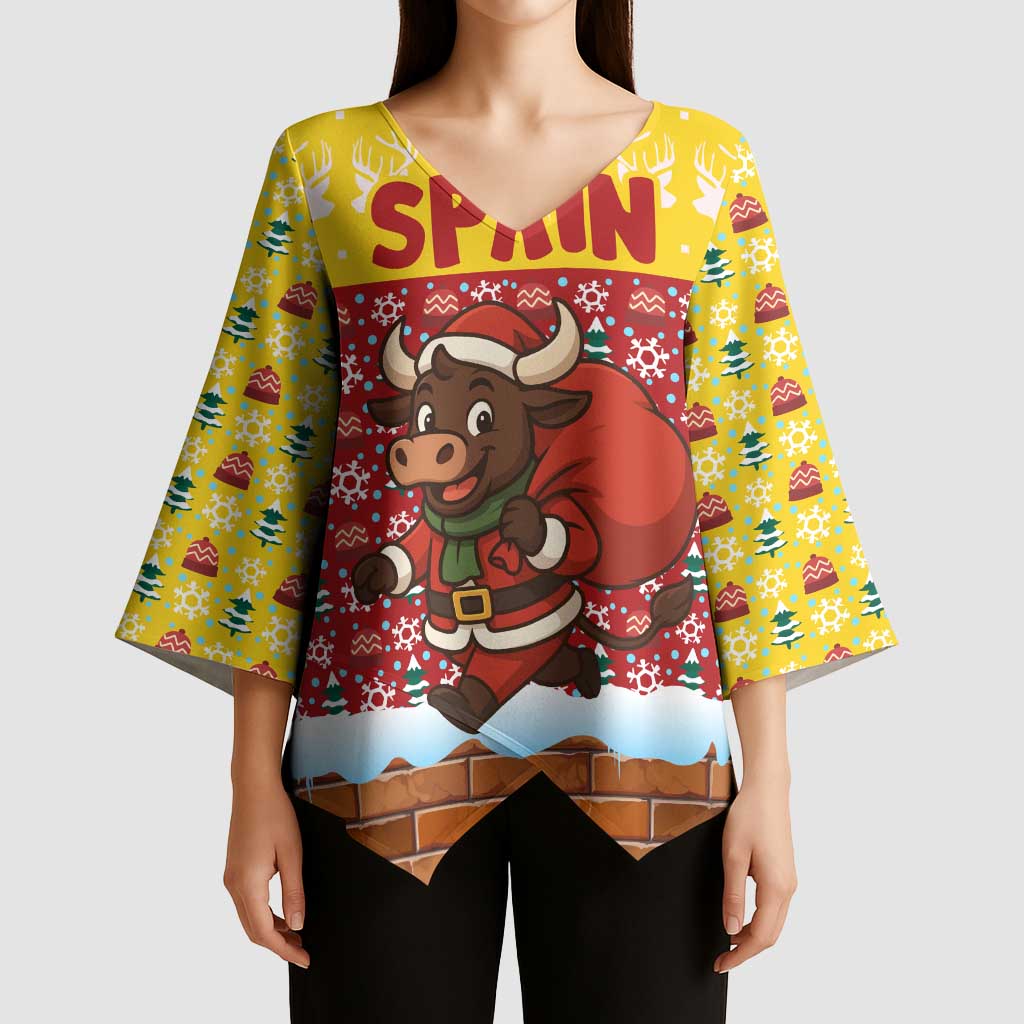 Spain Christmas Kimono Sleeve Blouse with Santa Bull Brick Chimney Wreath and Festive Holiday - Wonder Print Shop