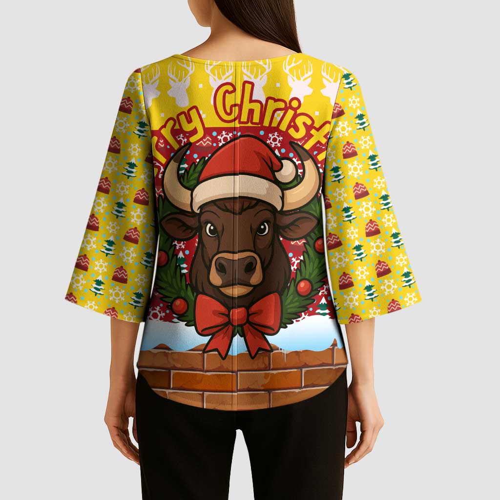 Spain Christmas Kimono Sleeve Blouse with Santa Bull Brick Chimney Wreath and Festive Holiday - Wonder Print Shop